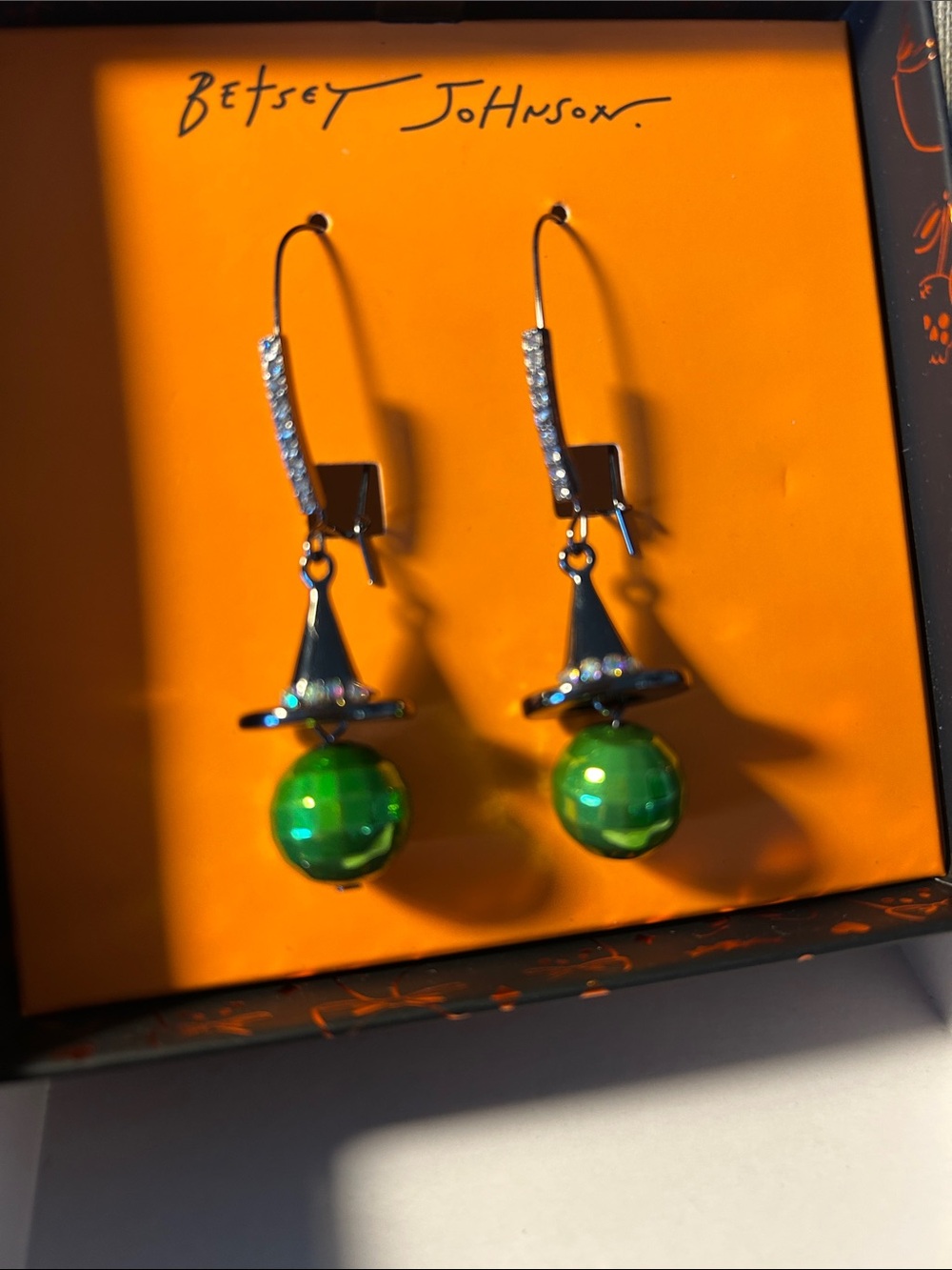 Betsey Johnson Silver Witch Hat Earrings with Green Globe Charms